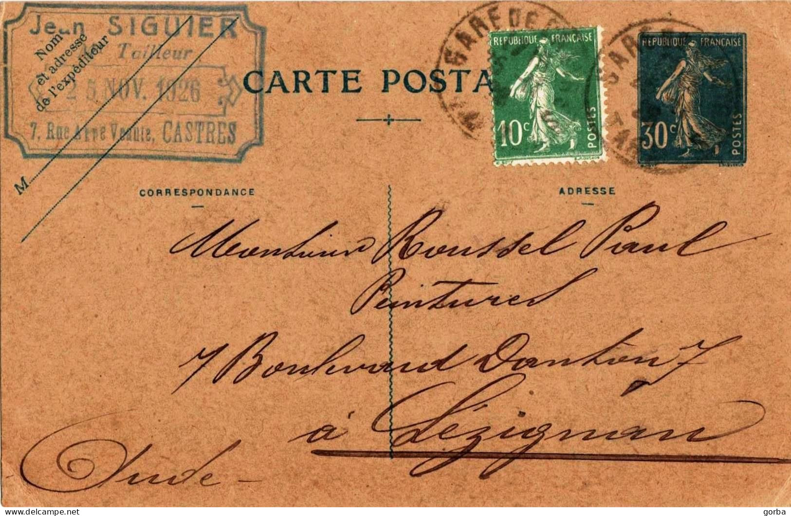 *Carte Postale Entier Postal - Type 30c Semeuse Camée - Noir Sur Lilacé + Timbre 10c Semeuse Verte - Standaardpostkaarten En TSC (Voor 1995)