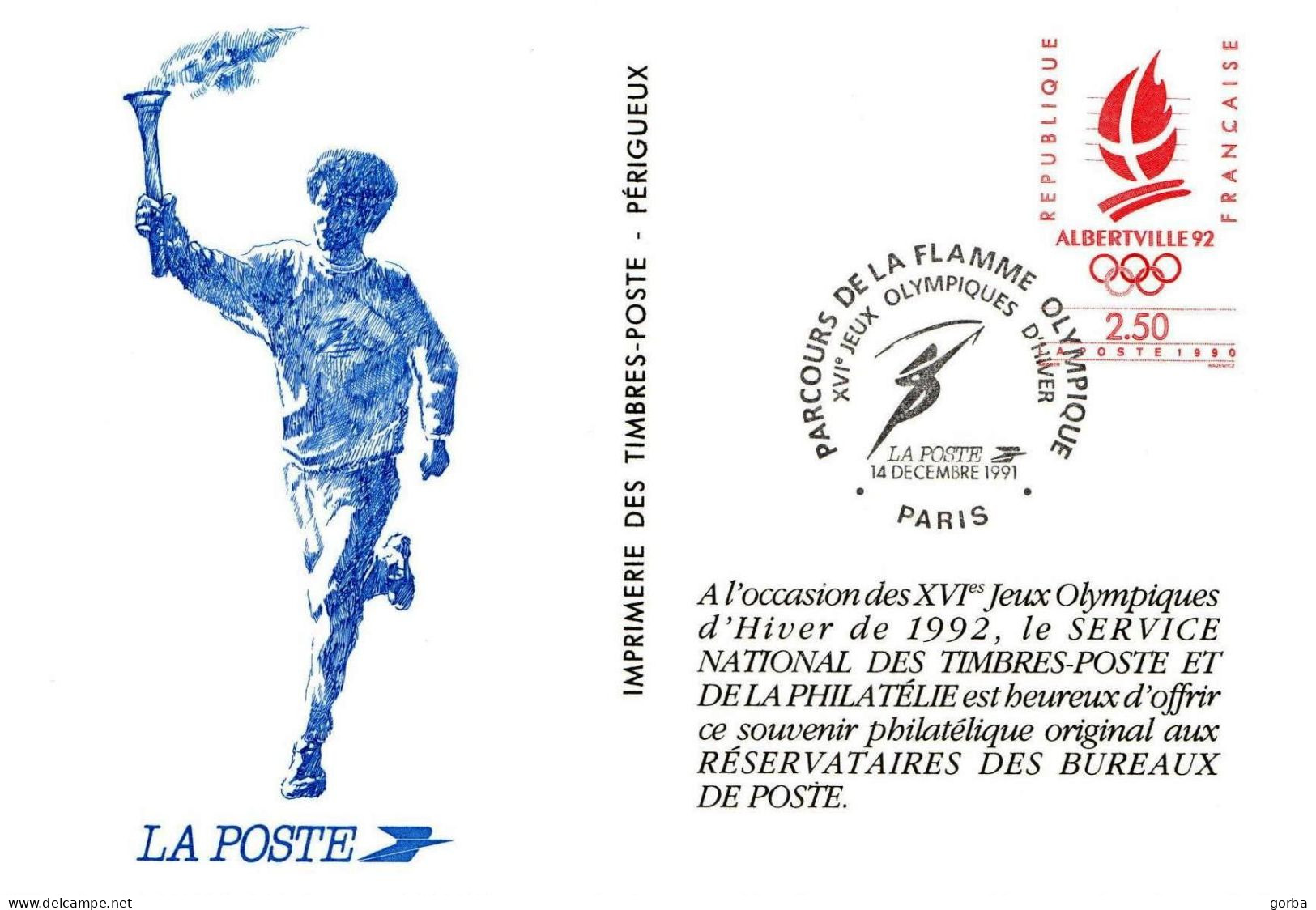*Carte Souvenir Entier Postal - Parcours Flamme Olympique - JO Albertville 92 - Cachet Paris - Documents De La Poste
