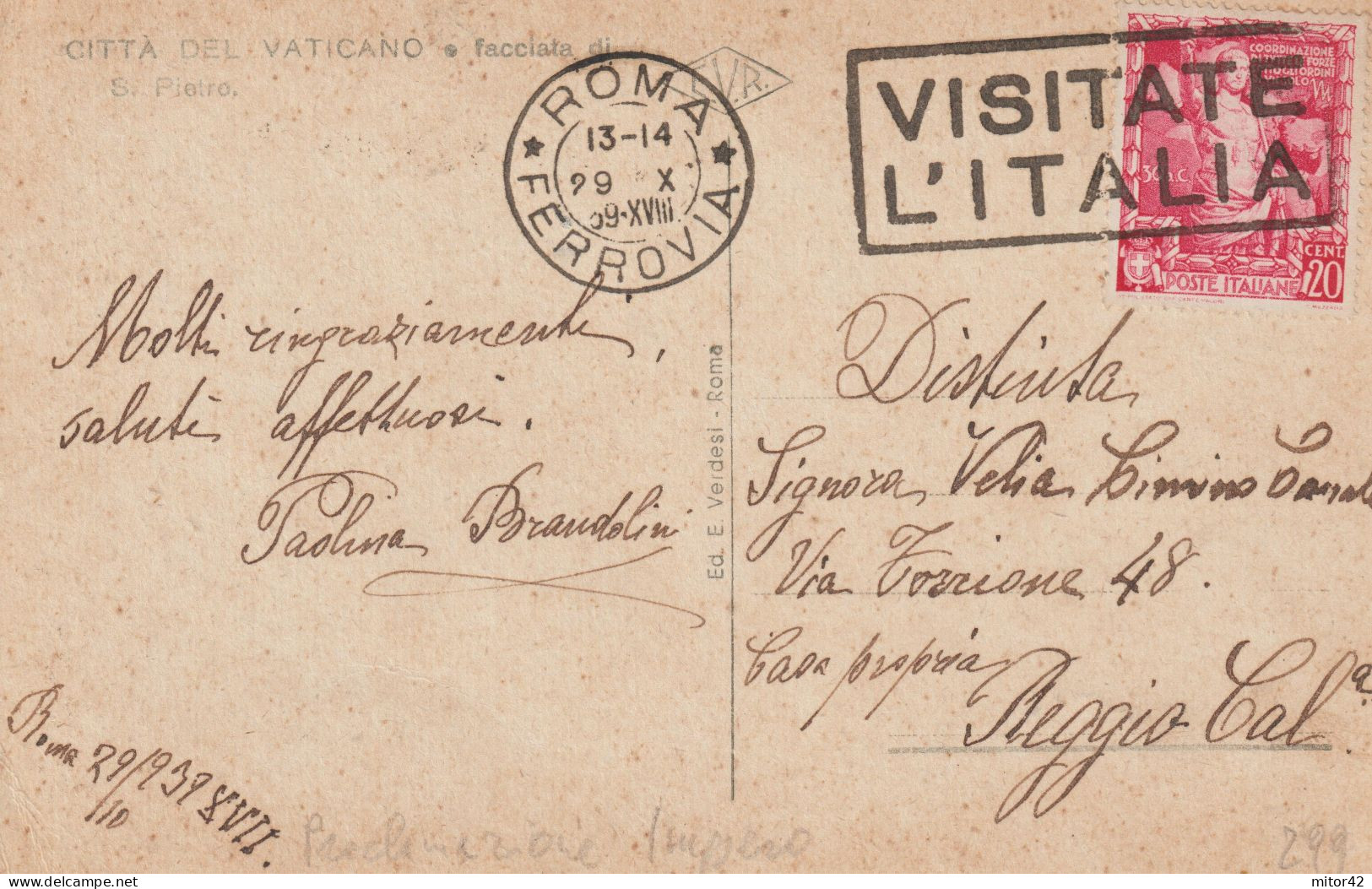 299-Regno-Storia Postale-20c. Commemorativo Proclamazione Impero-v.1939 Roma-Reggio Calabria-Targhetta Visitate L'Italia - Storia Postale