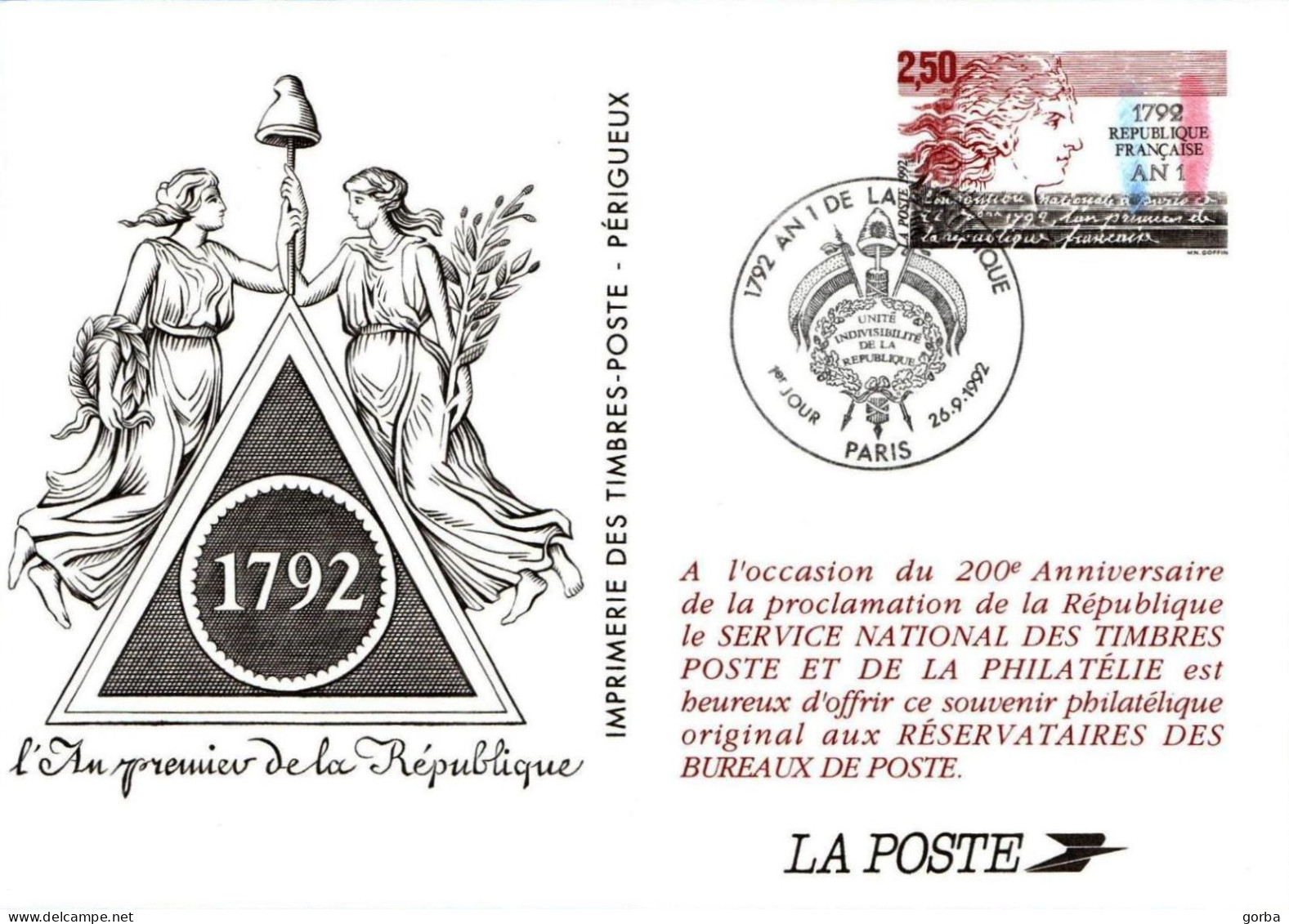 *Carte Souvenir Entier Postal - 200è Anniversaire De La  Proclamation De La République - Cachet Paris - Pseudo-officiële  Postwaardestukken