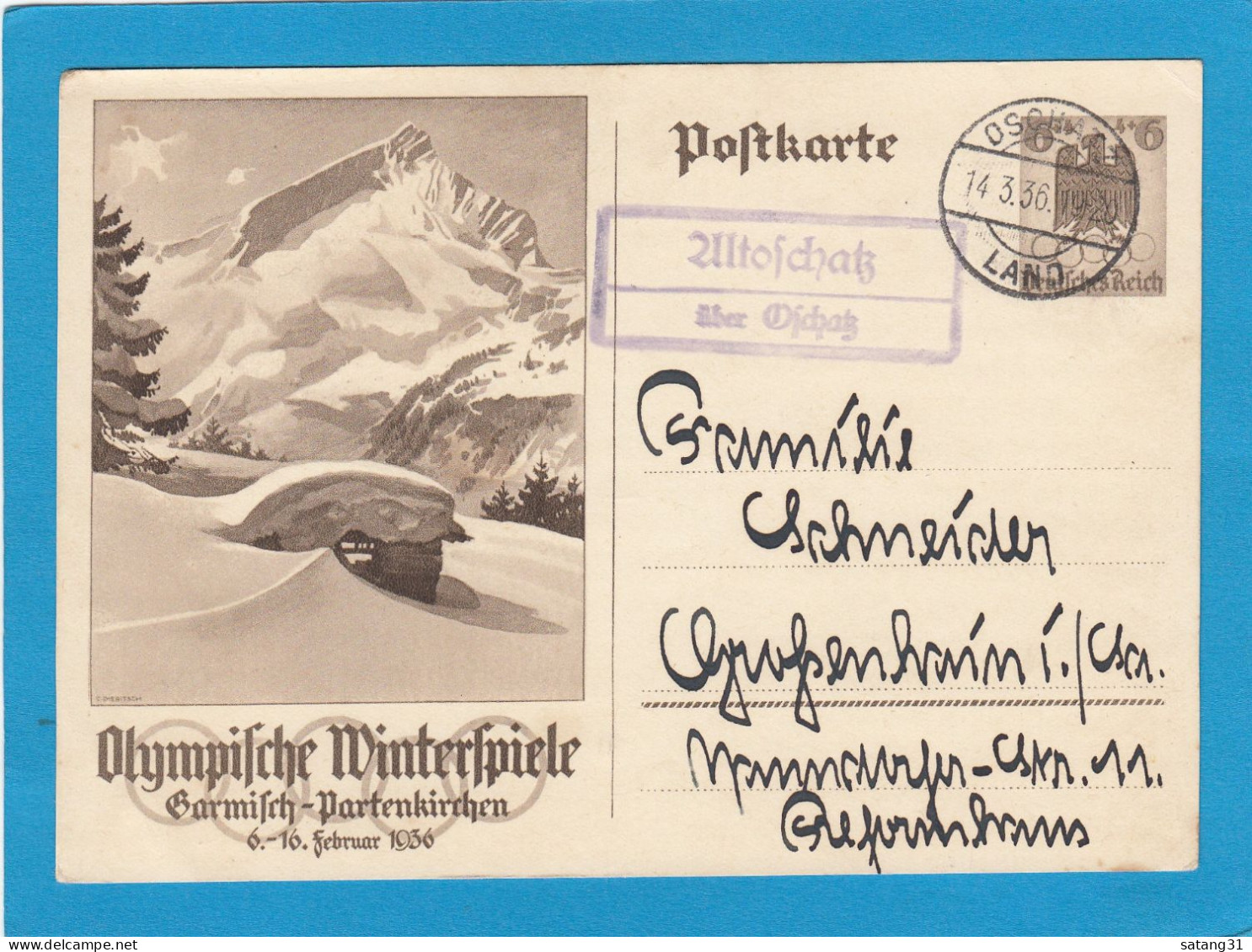 GANZSACHE MIT LANDPOSTSTEMPEL " ALTOSCHATZ ÜBER OSCHATZ ". - Tarjetas