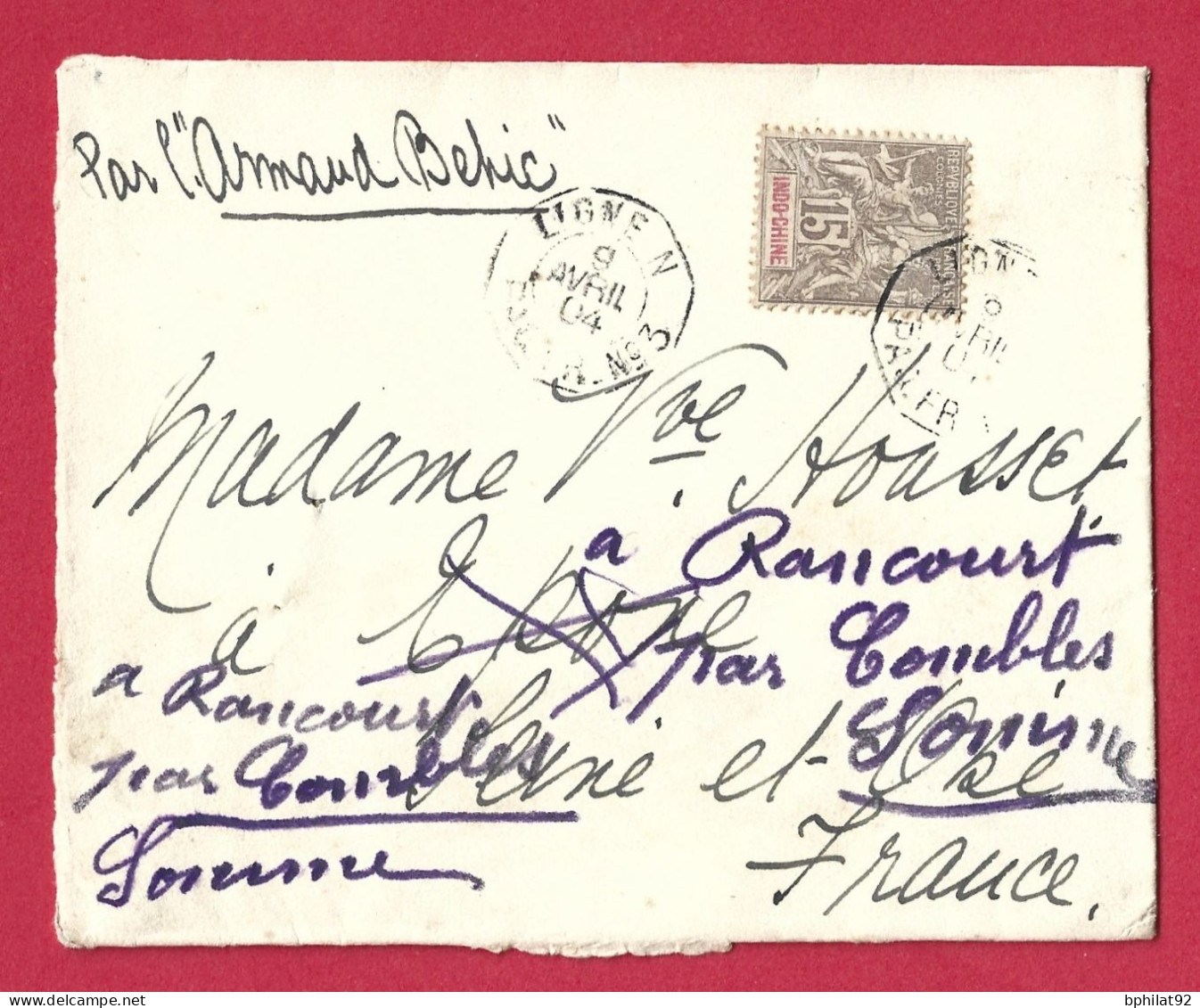 !!! INDOCHINE, 15CTS GROUPE AVEC RARE OBLITÉRATION MARITIME LIGNE N, PAQUEBOT FR NUMÉRO 3 SUR LE TIMBRE, DE 1904 - Storia Postale