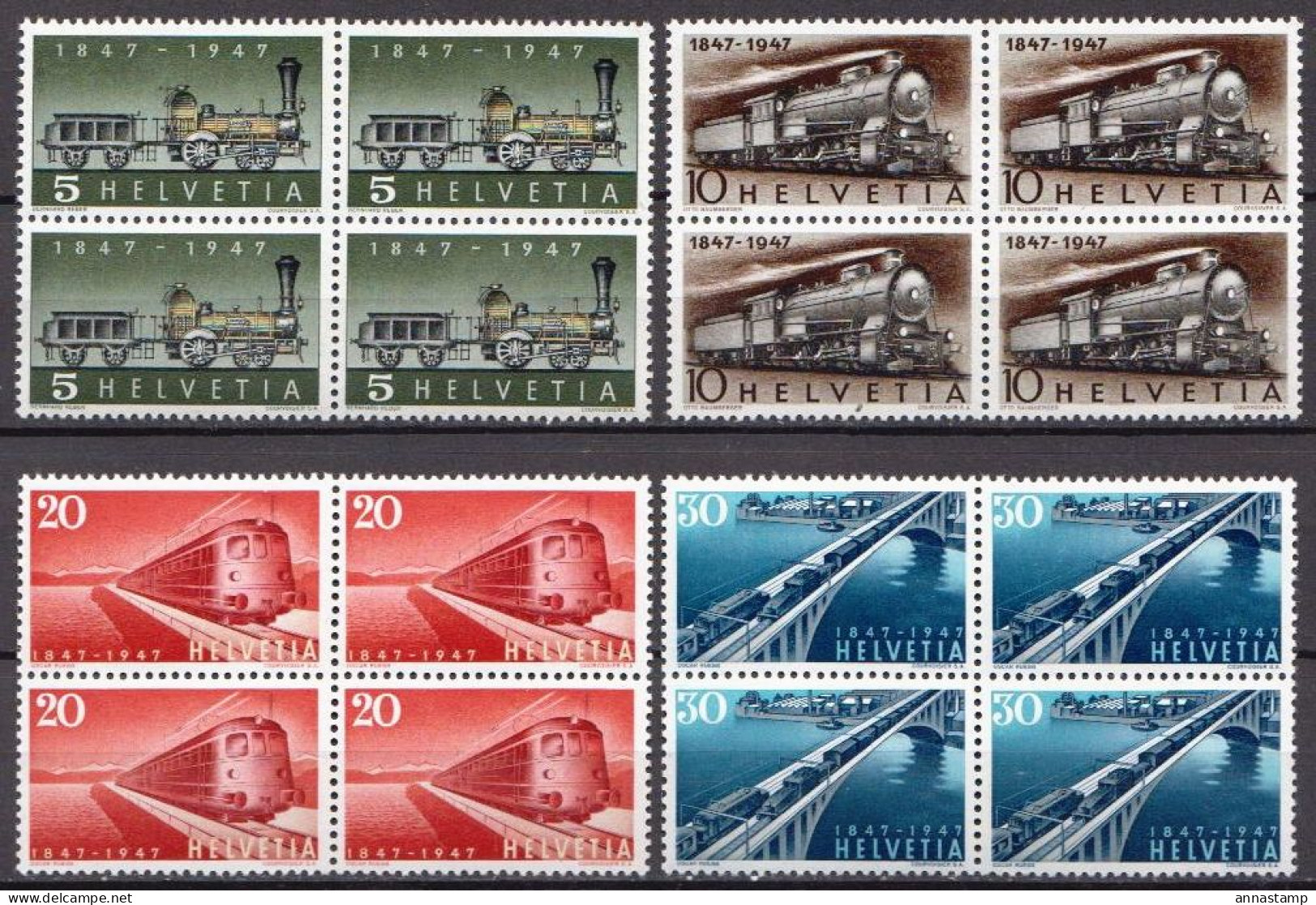 Switzerland MNH Set In Blocks Of 4 Stamps - Trains