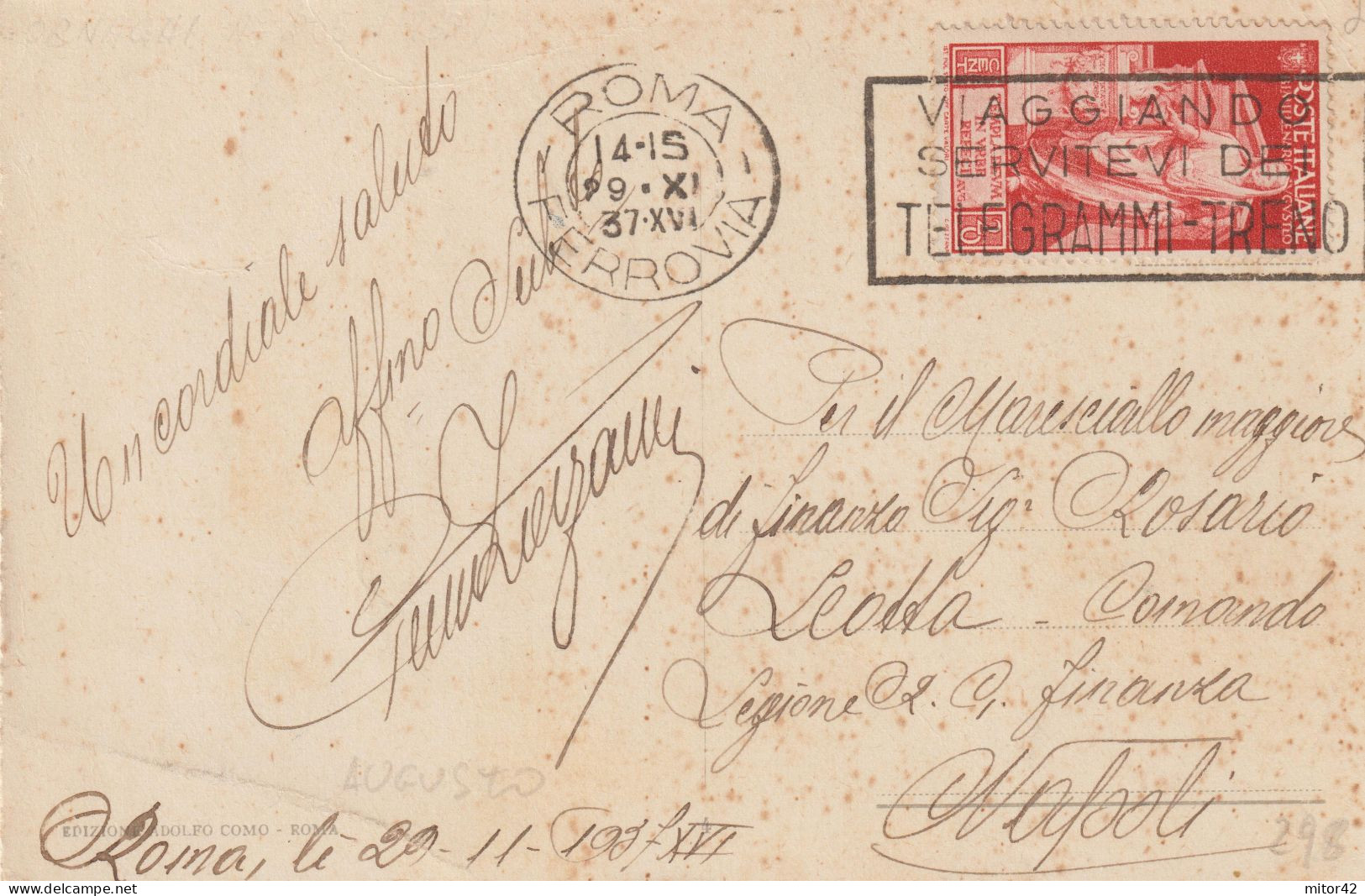 298-Regno-Storia Postale-20c. Commemorativo Augusto-v.1937 Roma-Napoli-Targhetta Viaggiando...Telegrammi-Treno - Poststempel