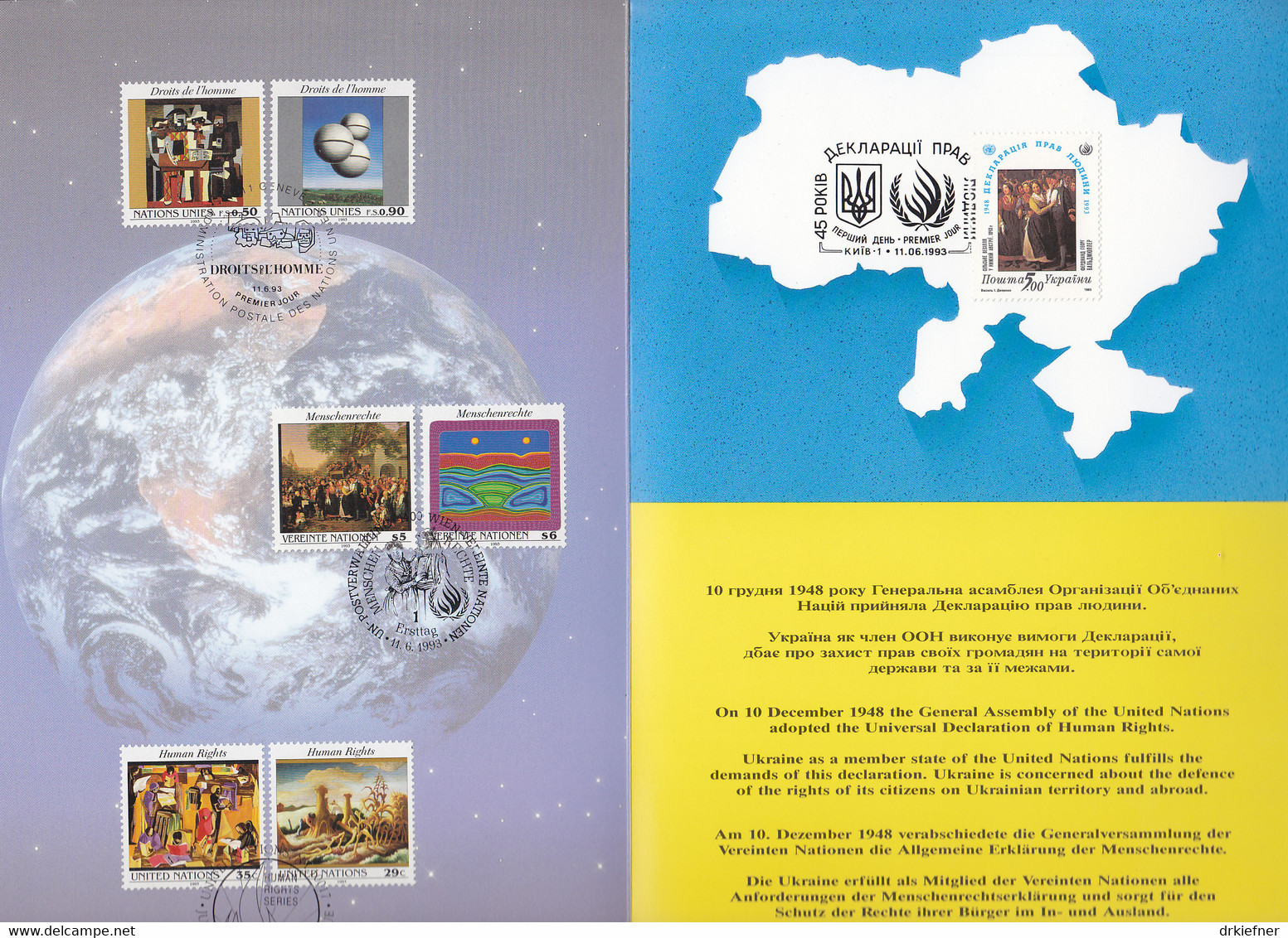 UNO WIEN Sonderkarte Menschenrechte 1948-1993, Mit 6 Marken Uno, 1 Marke Österreich Und Ukraine - Covers & Documents