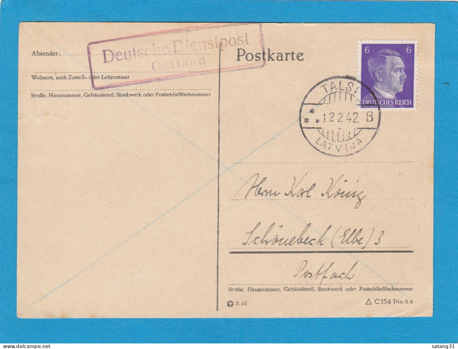 POSTKARTE AUS TALSI,LETTLAND,MIT STEMPEL "DEUTSCHE DIENSTPOST OSTLAND",1942. - Besetzungen 1938-45