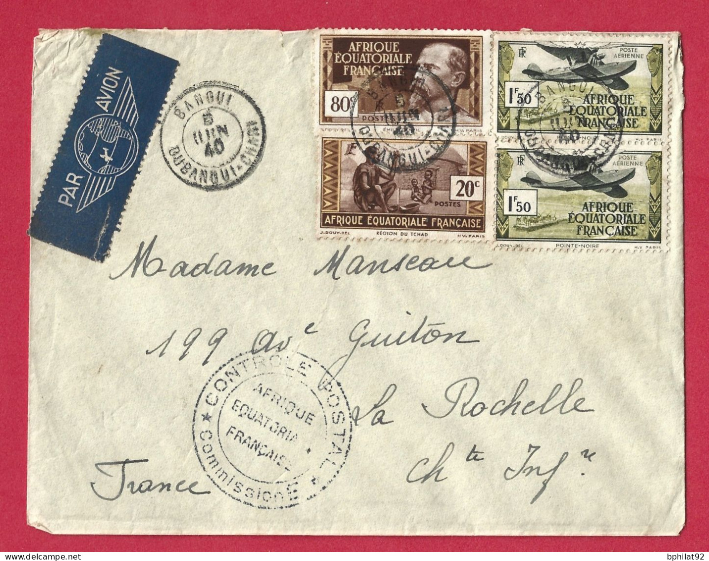 !!! AEF, LETTRE PAR AVION DE BANGUI, OUBANGUI-CHARI POUR LA FRANCE DE JUIN 1940, AVEC MARQUE DE CONTRÔLE POSTAL - Lettres & Documents