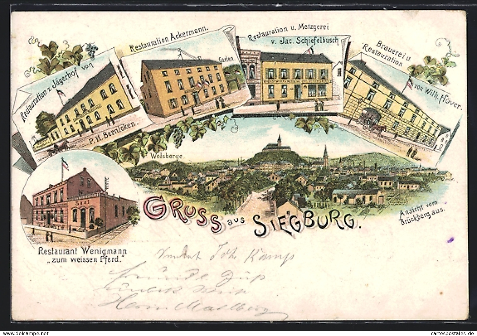 Lithographie Siegburg, Restaurationen Z. Jägerhof, Ackermann, Zum Weissen Pferd  - Siegburg