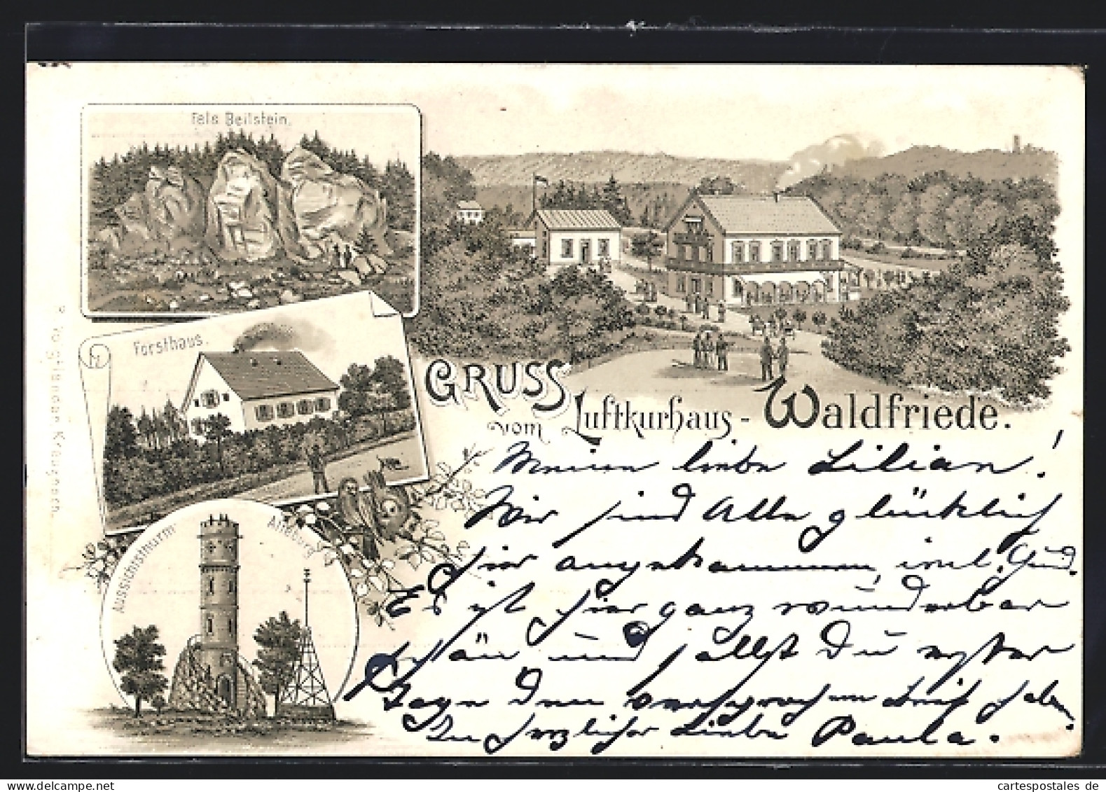 Lithographie Sobernheim /Nahe, GasthausWaldfriede, Forsthaus, Fels Beilstein  - Jagd