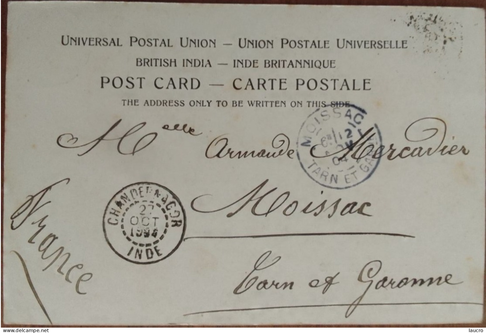 Cachet Chandernagor 1904 Timbre 10 Centimes N°5 Sur Carte Postale Cachet D'arrivée Moissac Au Dos - Covers & Documents