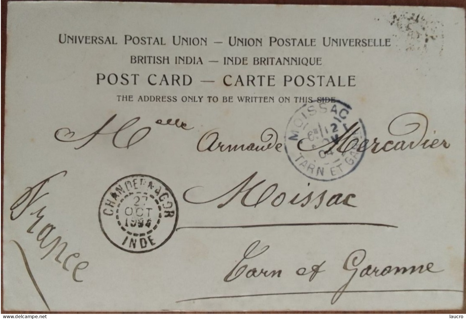Cachet Chandernagor 1904 Timbre 10 Centimes N°5 Sur Carte Postale Cachet D'arrivée Moissac Au Dos - Cartas & Documentos