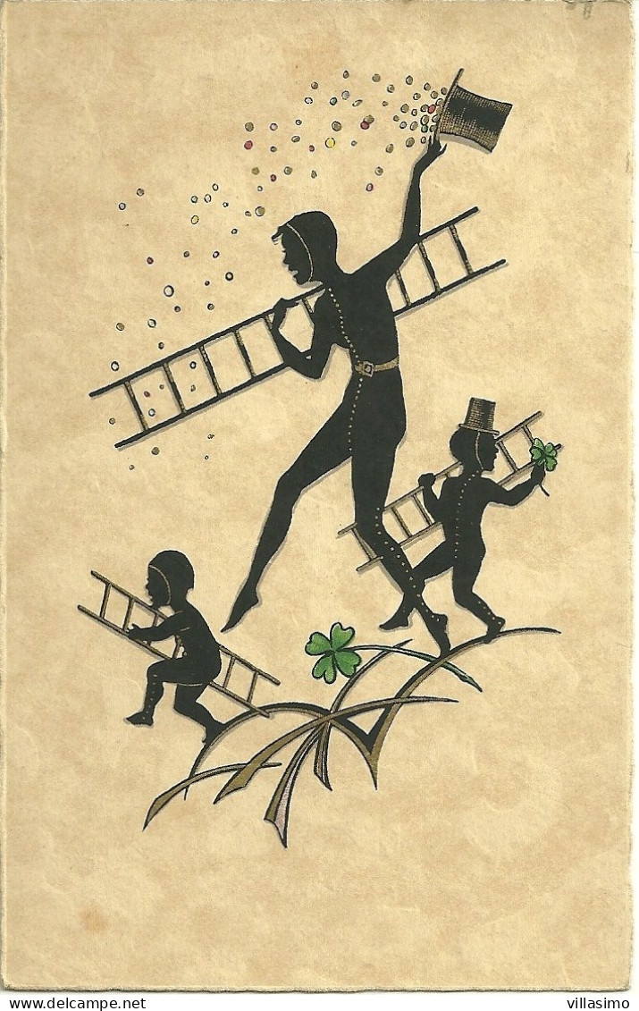 Silhouette Ragazzo E Bambini Con Scale A Pioli - V. 1930 - Scherenschnitt - Silhouette