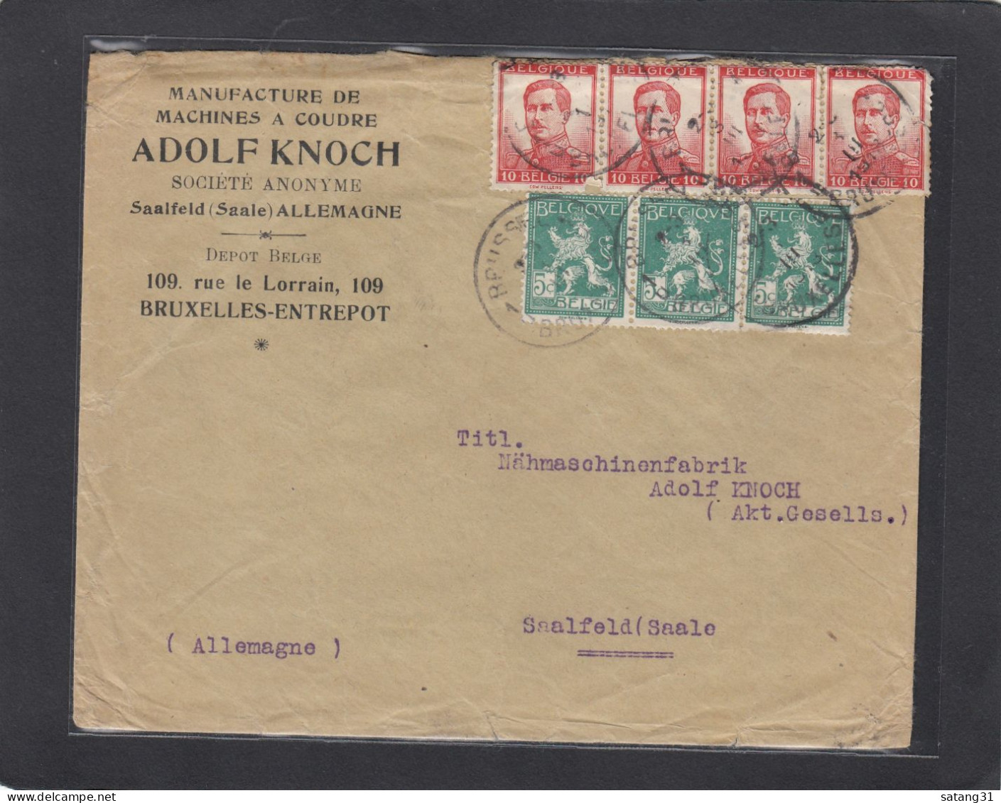 LETTRE DE BRUXELLES,AVEC 7 TIMBRES POUR LA MANUFACTURE DE MACHINES A COUDRE ADOLPH KNOCH A SAALFELD(SAALE),ALLEMAGNE - 1912 Pellens