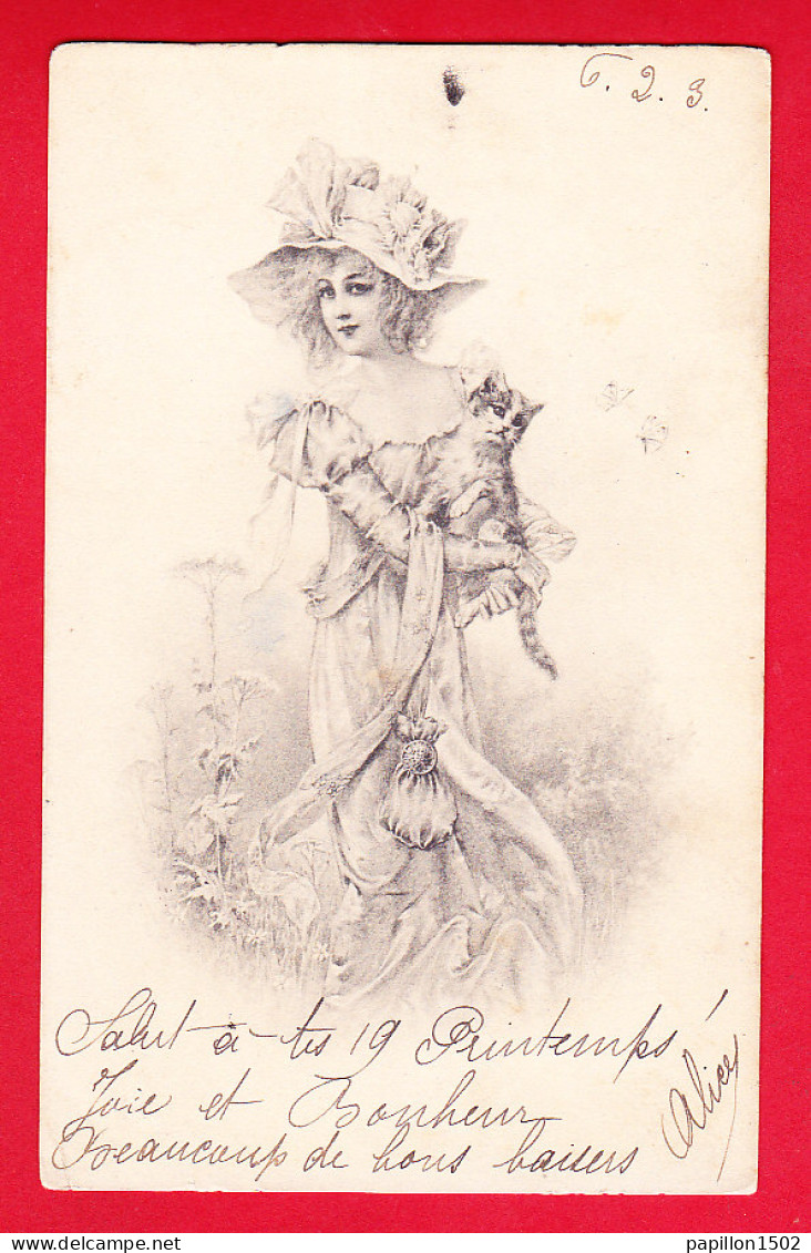 Illust-1005P113  Style VIENNE, Une Jeune Fille Avec Grand Chapeau, Papillons, Cpa Précurseur  - 1900-1949