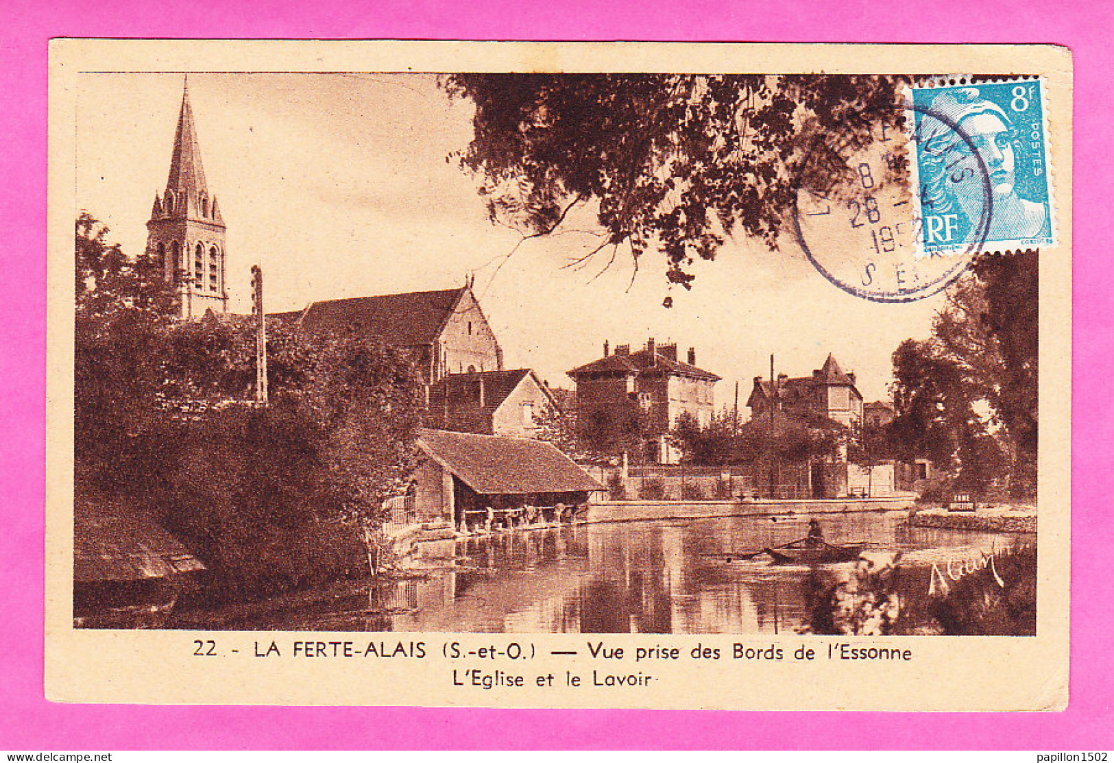 F-91-La Ferte Alais-04P143  Vue Prise Des Bords De L'Essonne, L'église Et Le Lavoir, Cpa BE - La Ferte Alais