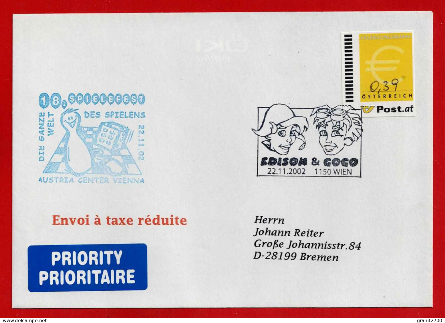 Briefumschlag Vom 22.11.2002  Mit Ergänzungsmarke  € 0,39 ( Geschnitten )  + Sonderstempel " Edison & Coco " - Briefe U. Dokumente