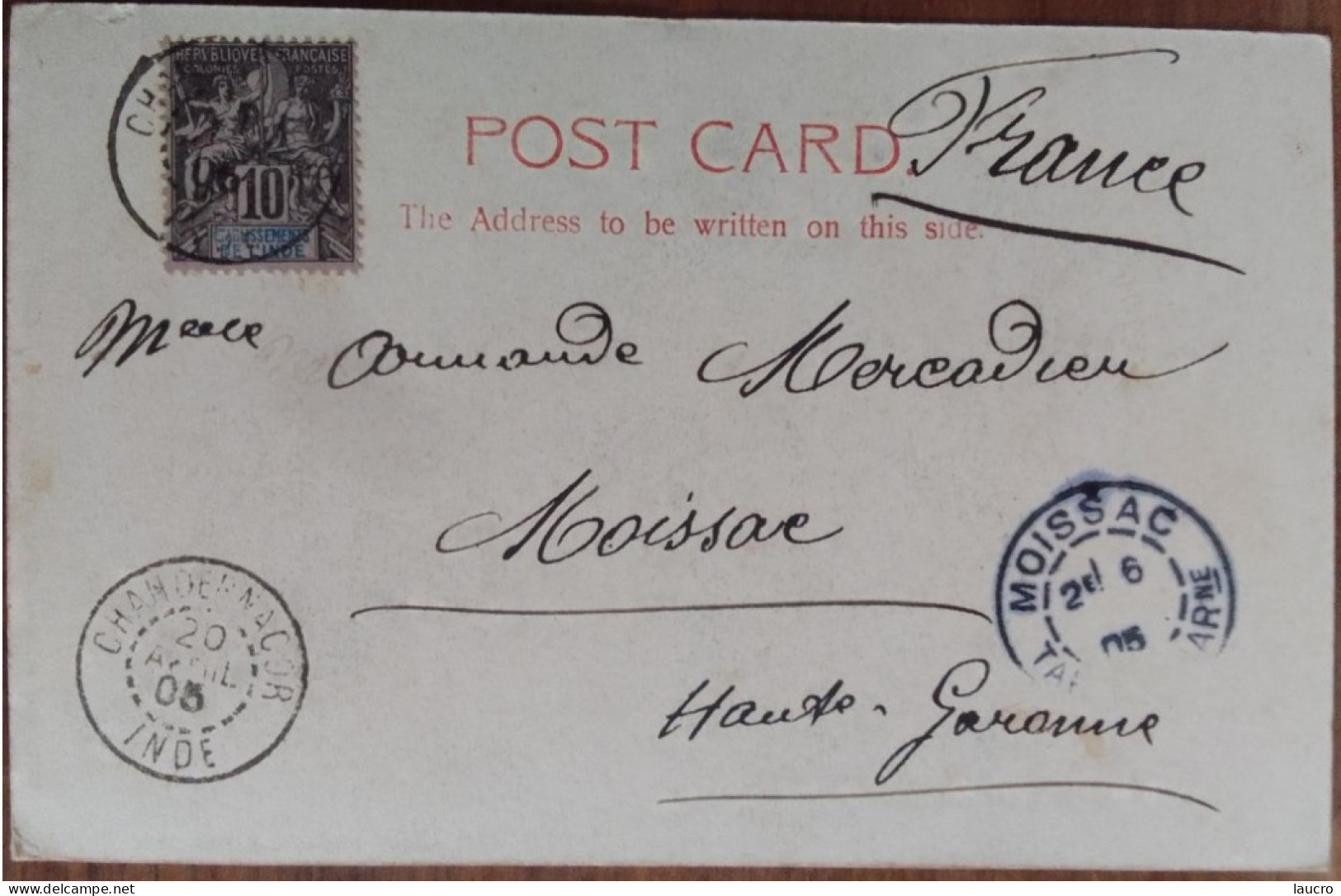 Cachet Chandernagor 1905 Timbre 10 Centimes N°5 Sur Carte Postale Cachet D'arrivée Moissac Au Dos - Cartas & Documentos