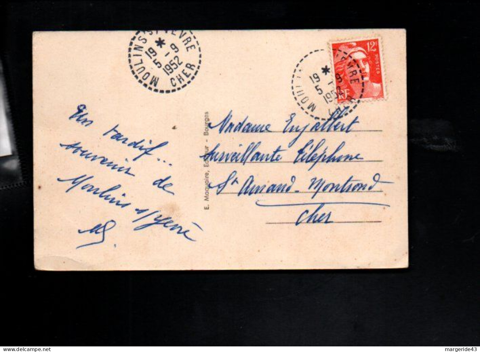 LETTRE DE MOULINS SUR VEVRE CHER 1952 - Bahnpost