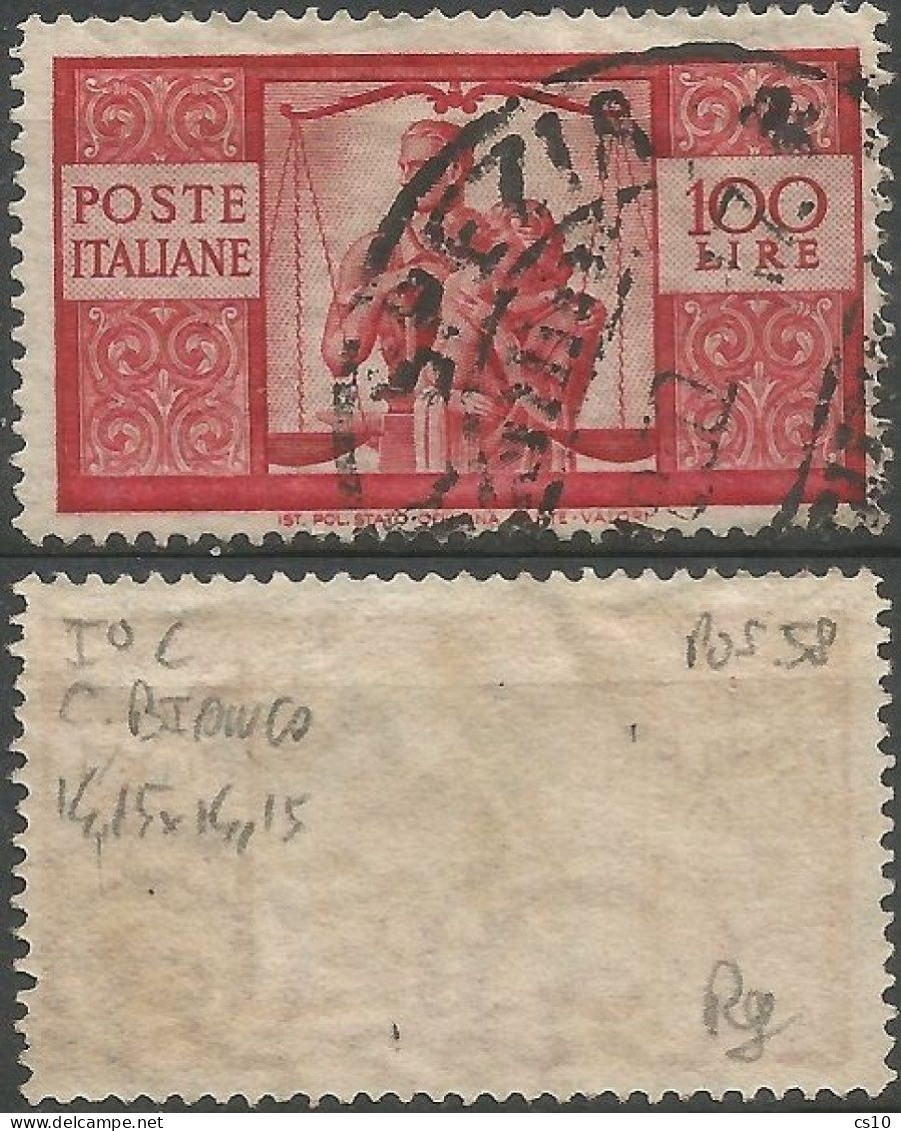 Democratica 100 Lire I° Lastra Carta Bianca D. 14,15x14,15 (14e 1/4x14e 1/4) - Varietà Riporto Pos.58 Trattini A Destra - 1946-60: Oblitérés