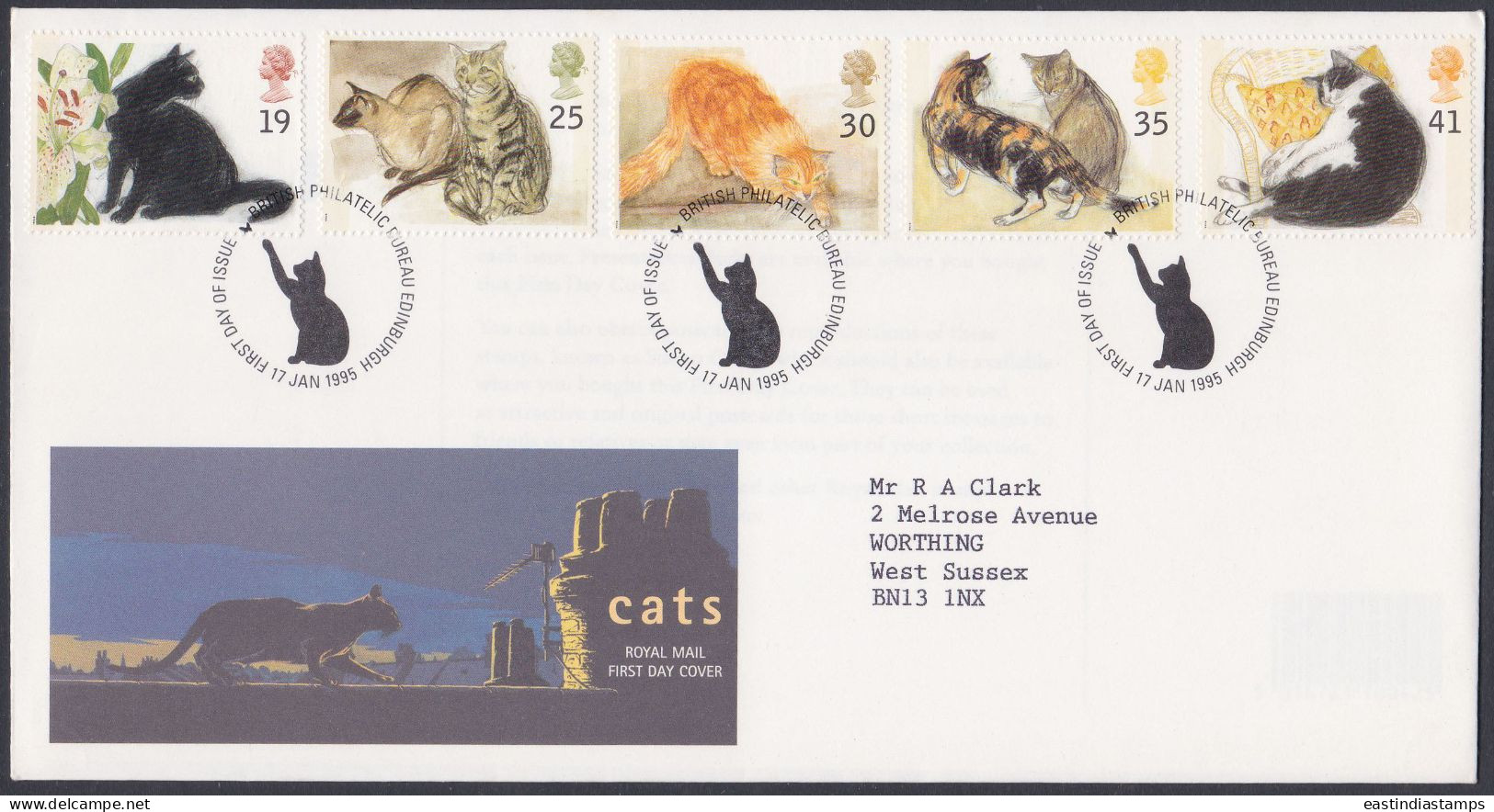 GB Great Britain 1995 FDC Cat, Cats, Feline, Animal, Animals, Pet, Pets, Pictorial Postmark, First Day Cover - Brieven En Documenten