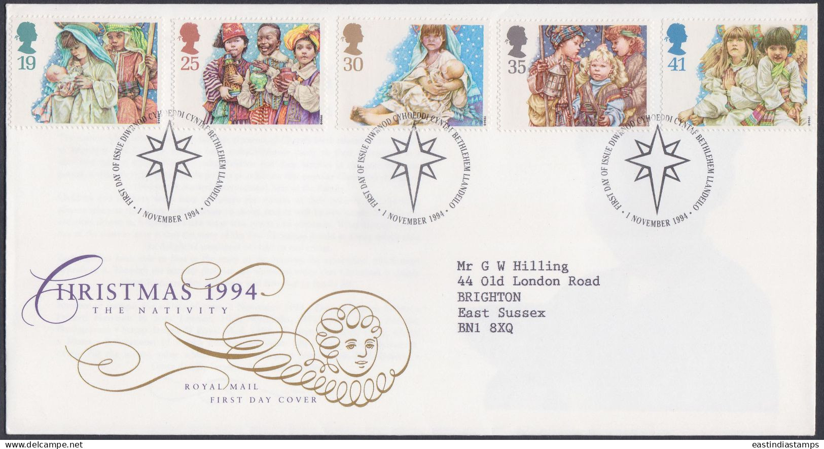 GB Great Britain 1994 FDC Christmas, Christainity, Christian, Festival, Holiday, Pictorial Postmark, First Day Cover - Brieven En Documenten