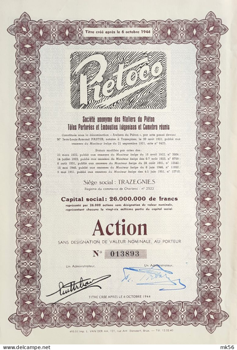 PIETOCO - S.A. Des Atéliers Du Piéton - Trazegnies - Action - 1951 - Industry