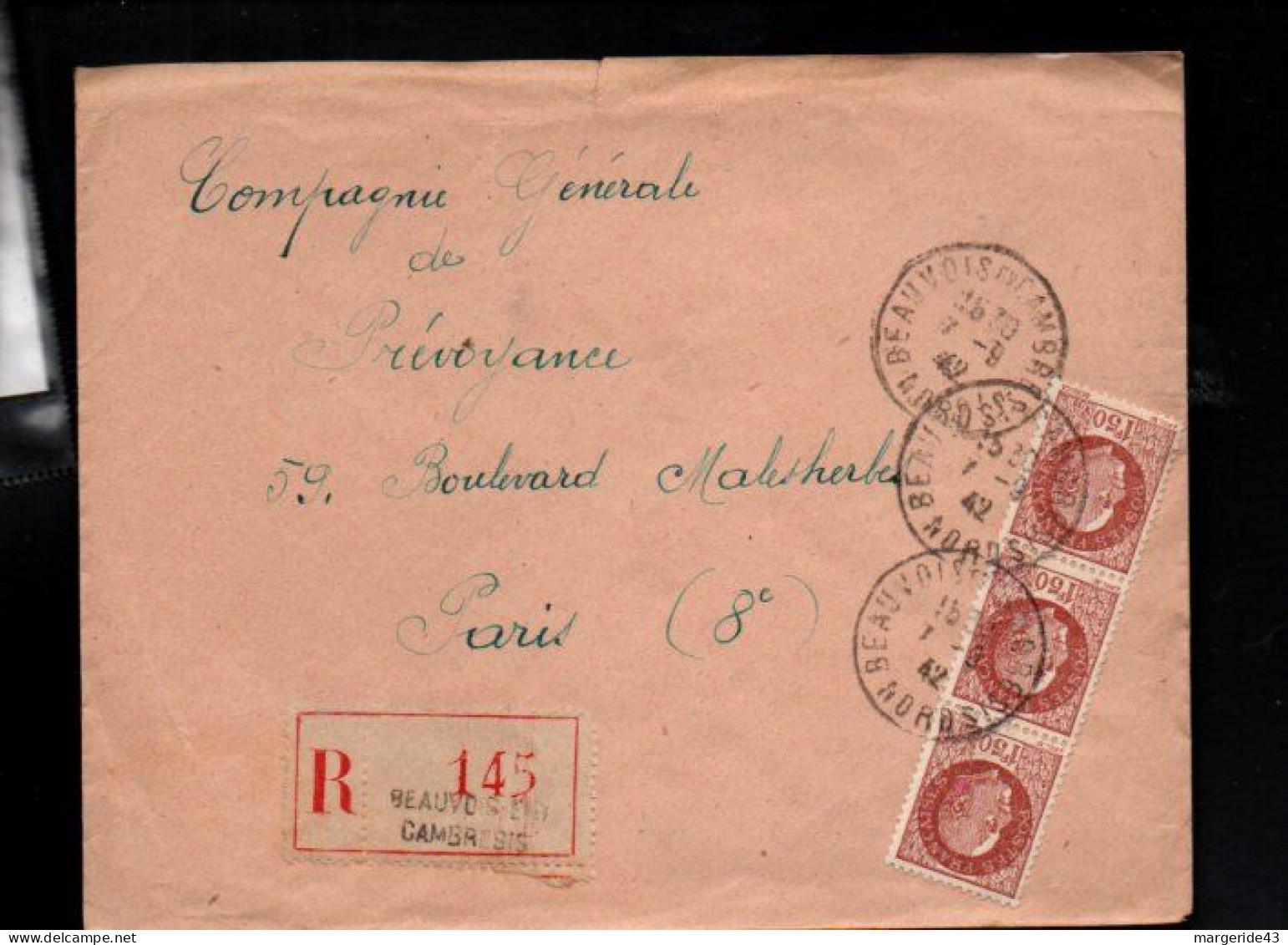 PETAIN SUR LETTRE RECOMMANDEE DE BEAUVOISIN EN CAMBRESIS NORD 1942 - 1921-1960: Moderne