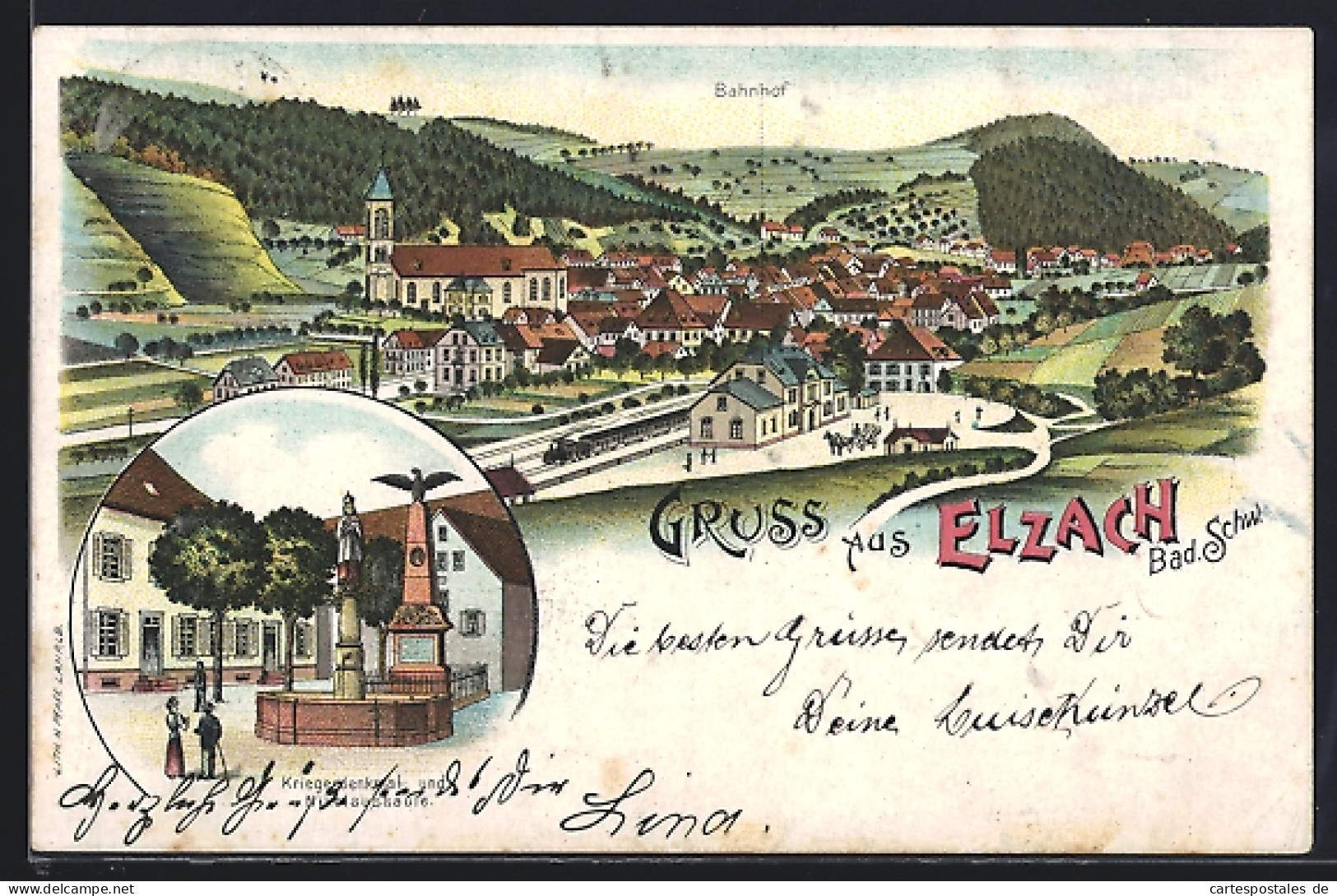 Lithographie Elzach /Bad. Schw., Bahnhof, Kriegerdenkmal Und Nikolaussäule, Ortsansicht  - Elzach