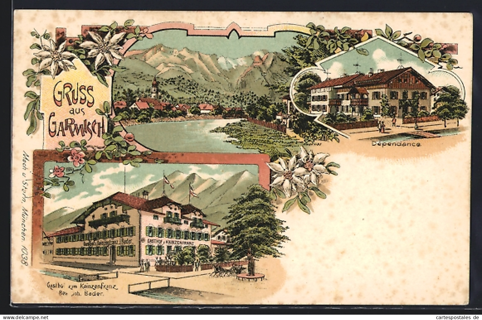 Lithographie Garmisch, Gasthof Zum Kainzenfranz, Bes. Joh. Bader, Dependance, Ortsansicht  - Autres & Non Classés