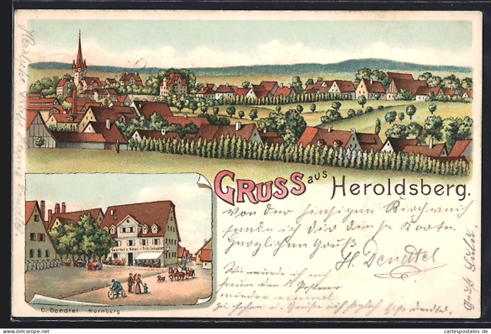 Lithographie Heroldsberg, Gesamtansicht, Gasthaus Zum Bären  - Autres & Non Classés