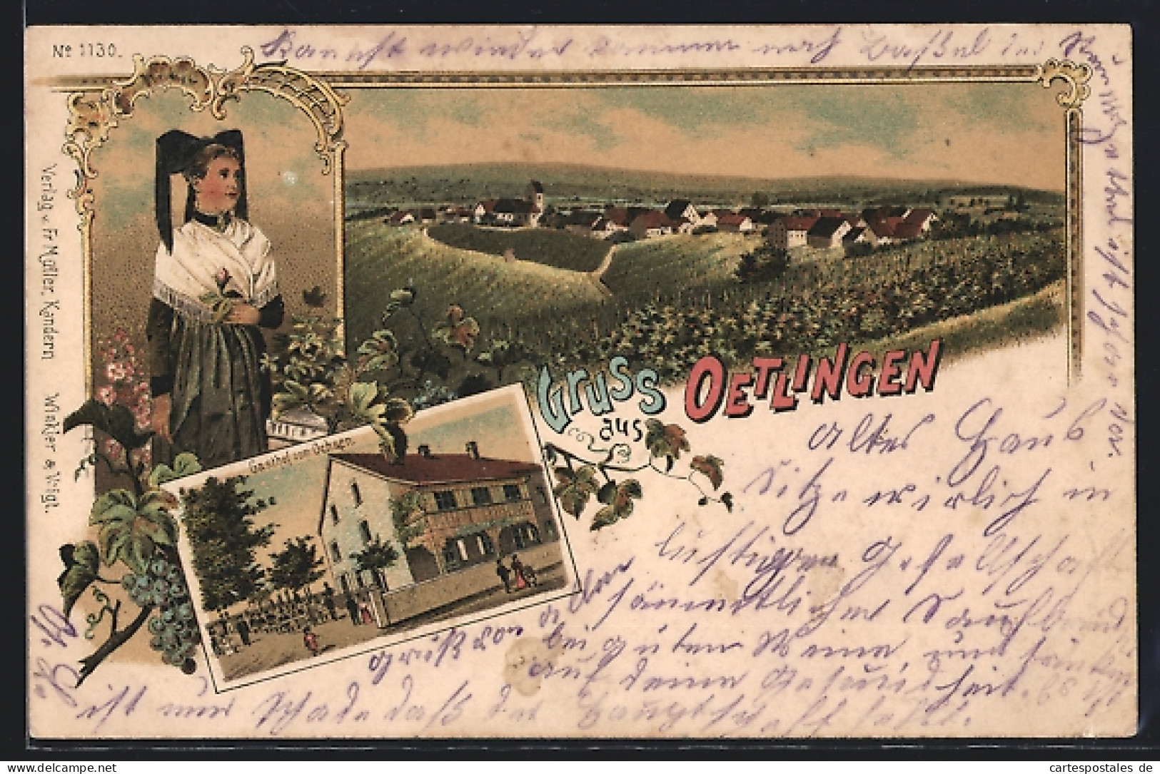 Lithographie Oetlingen, Gasthaus Zum Ochsen, Ortsansicht, Frau In Tracht  - Andere & Zonder Classificatie