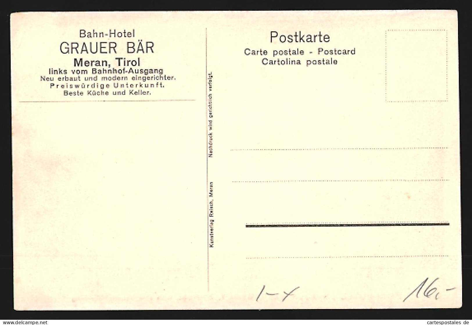 Artista-Cartolina F.A.C.M. Reisch: Meran, Gasthof Grauer Bär, Gegenüber Dem Bahnhof  - Sonstige & Ohne Zuordnung