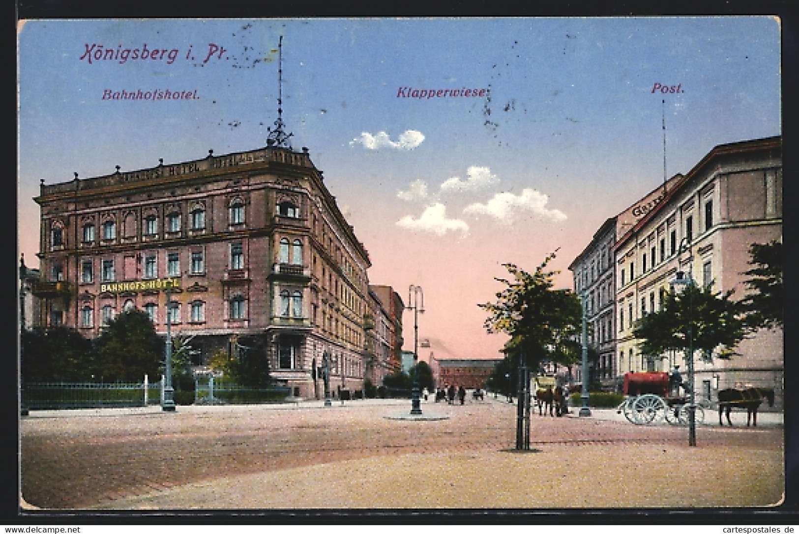 AK Königsberg I. Pr., Bahnhofshotel, Klapperwiese & Post  - Ostpreussen