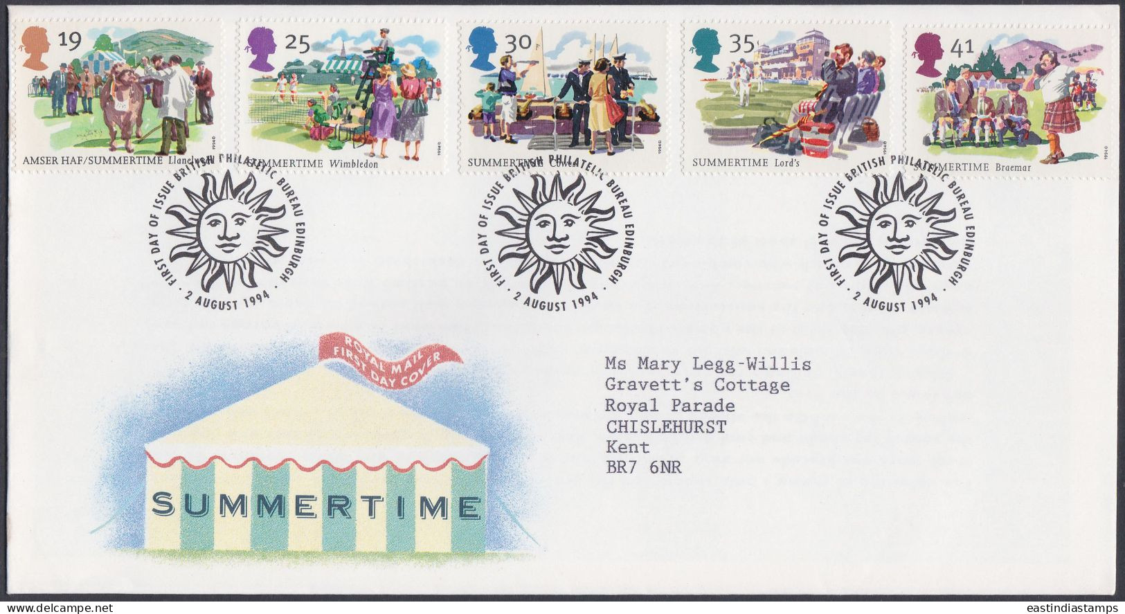 GB Great Britain 1994 FDC Summertime, Cricket, Tennis, Sailing, Sport, Sports, Pictorial Postmark, First Day Cover - Lettres & Documents