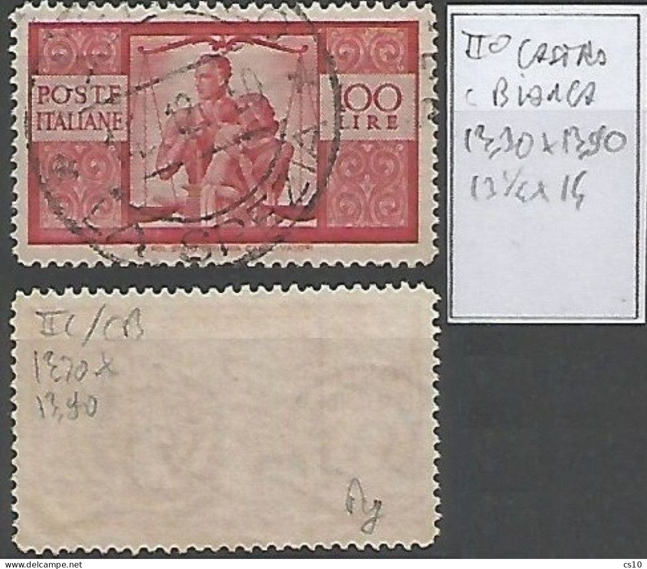 Democratica 100 Lire II° Lastra Carta BIANCA - D. 13,30X13,90 (13e1/4x14 ) - Usato R2CSx - 1946-60: Usati