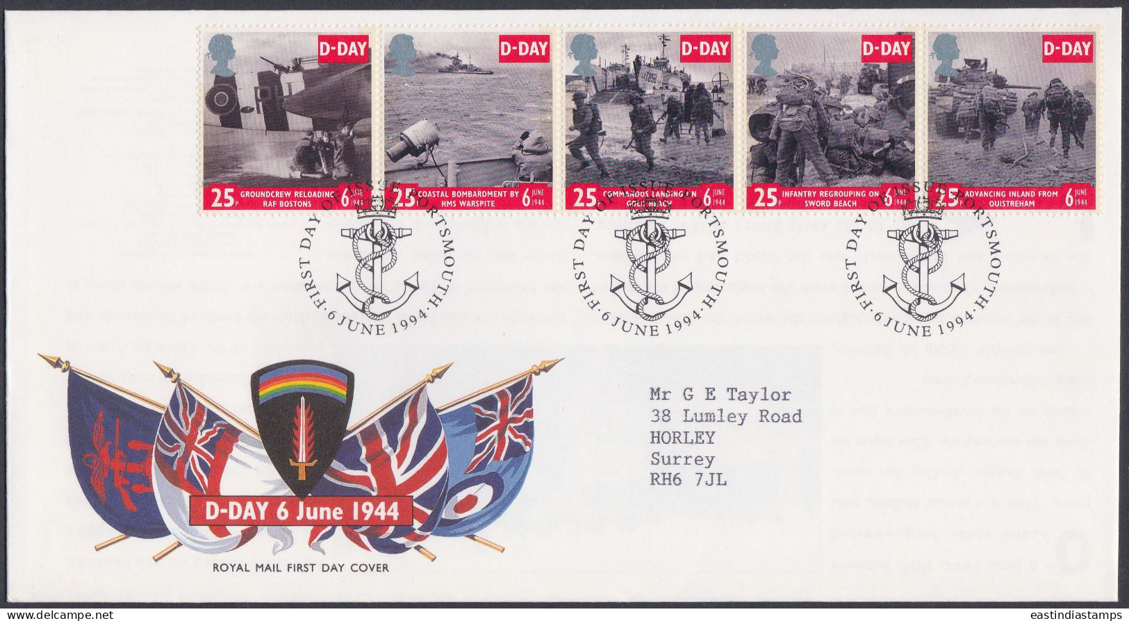 GB Great Britain 1994 FDC D-Day, World War 2, Wars, Soldier, Army, Navy, Ship, Tank, Pictorial Postmark, First Day Cover - Brieven En Documenten