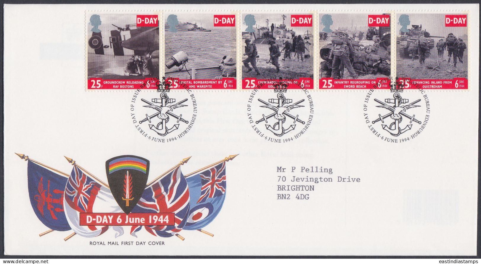 GB Great Britain 1994 FDC D-Day, World War 2, Wars, Soldier, Army, Navy, Ship, Tank, Pictorial Postmark, First Day Cover - Brieven En Documenten