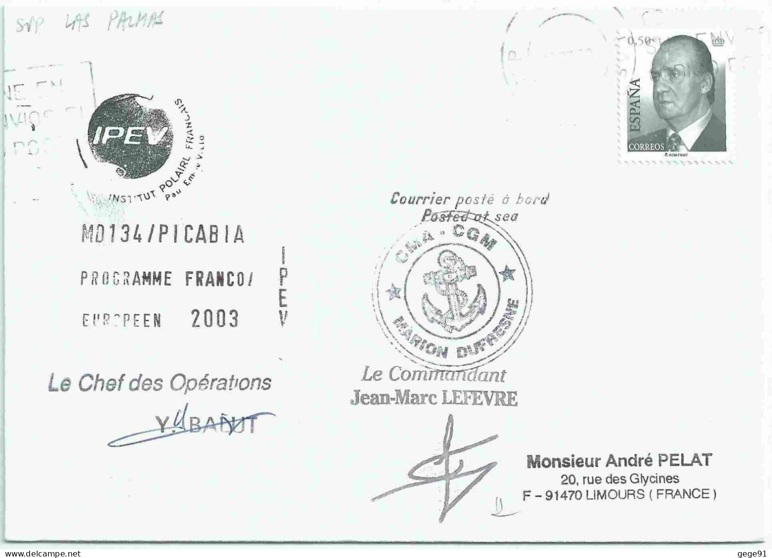 YT 3428 - Roi Juan Carlos - Posté à Bord Du MD - Escale à Las Palmas - 29/07/2003 - Covers & Documents