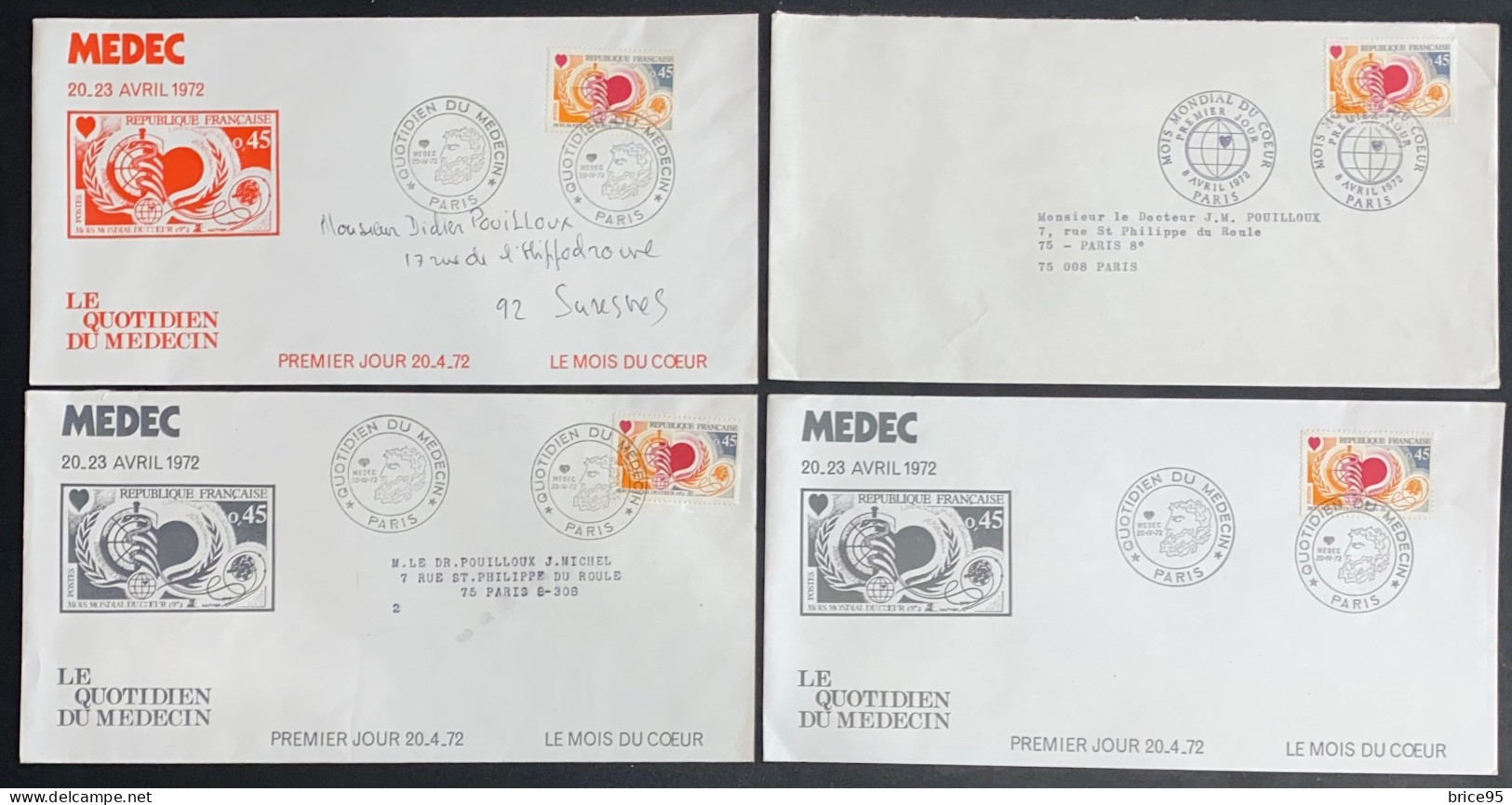 France - Lot De 4 Enveloppes - MEDEC - Quotidien Du Médecin - Mois Mondial Du Cœur - 1972 - Gedenkstempel