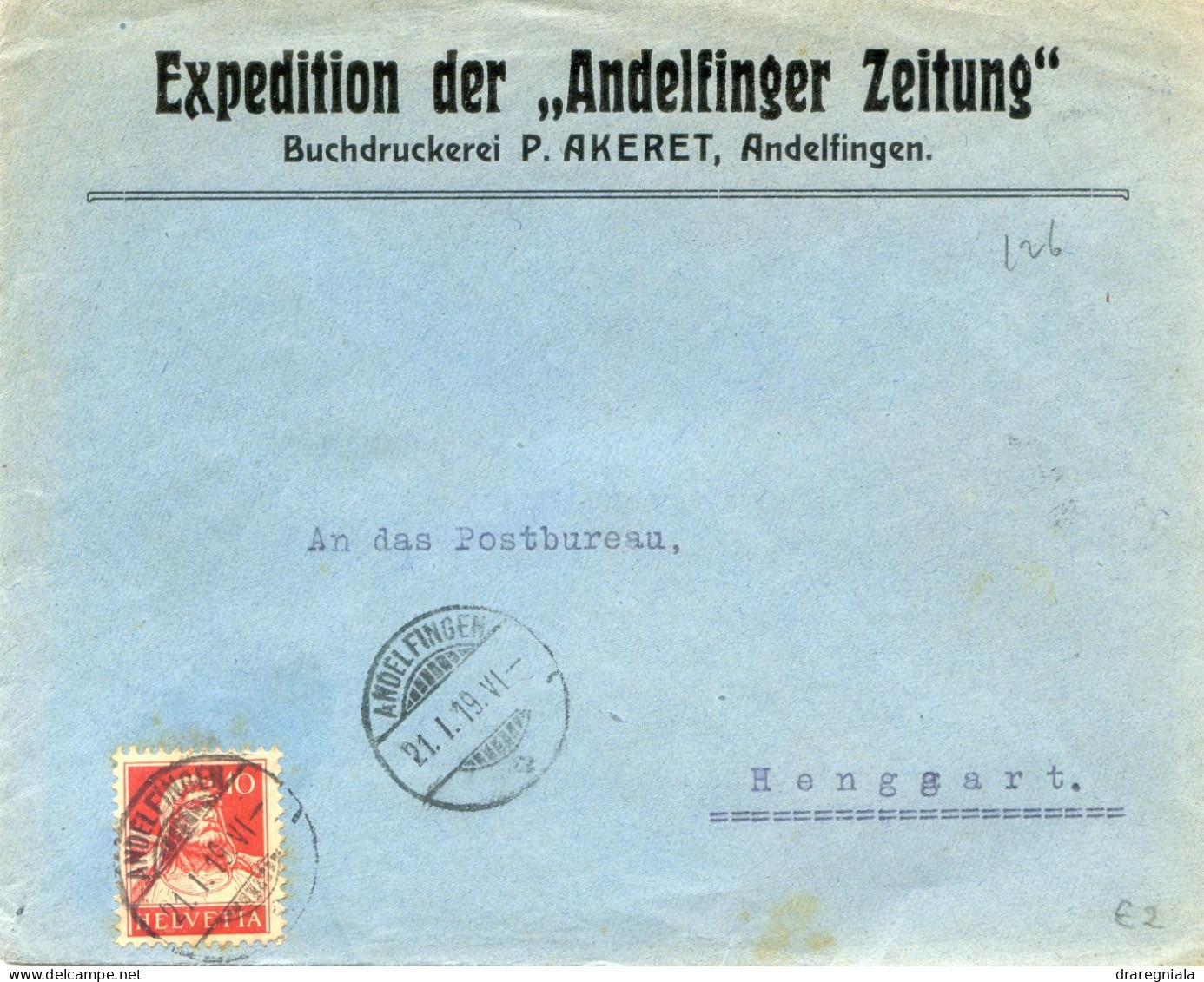 Mail Von Andelfingen 21 1 19 - Buchdruckerei P. Akeret Imprimerie - Tellbrustbild 126 II - Marcofilia