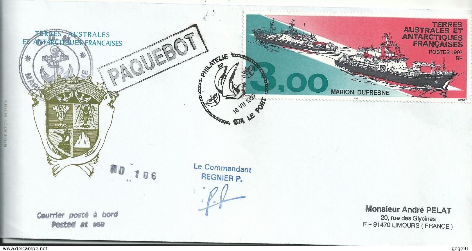 YT 215 Paquebots Ravitailleurs Marion Dufresne I Et II - Posté à Bord - Paquebot - Le Port - La Réunion - 16/11/1997 - Lettres & Documents