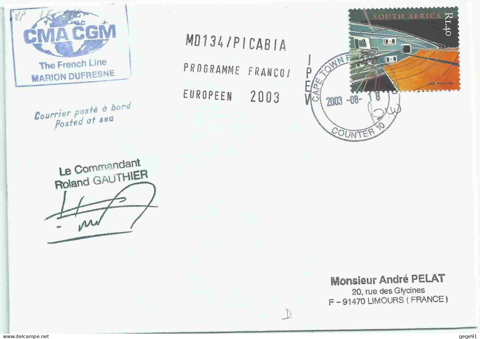 YT 1196 Voilier - Posté à Bord Du MD - Escale Au Cap - 18/08/2003 - Covers & Documents