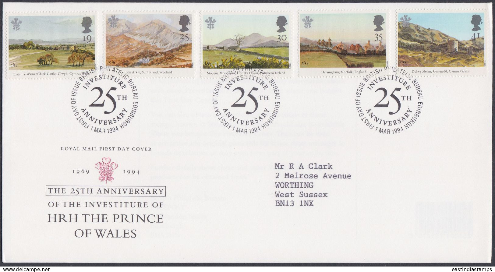 GB Great Britain 1994 FDC Investiture Of Prince Of Wales Charles, Royal, Royalty, Pictorial Postmark, First Day Cover - Lettres & Documents