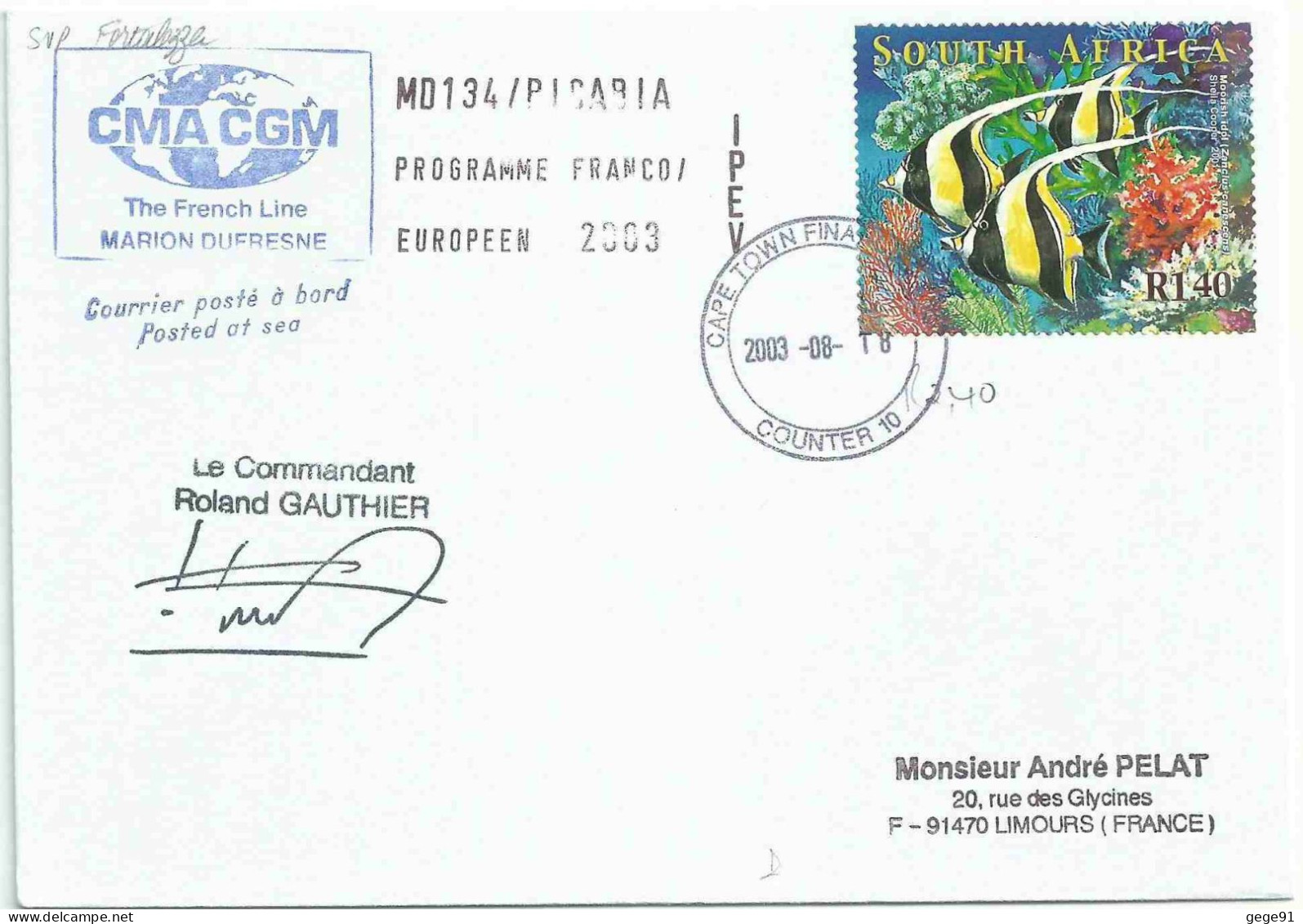 YT 1204 Poisson Zncle Cornu - Posté à Bord Du MD - Escale Au Cap - 18/08/2003 - Lettres & Documents