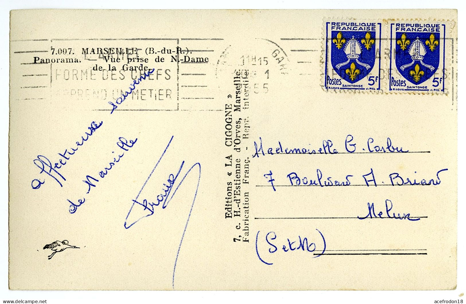 CP De Marseille-Gare Pour Melun - 2 X TB 5f Blason Saintonge 1955 - Used Stamps