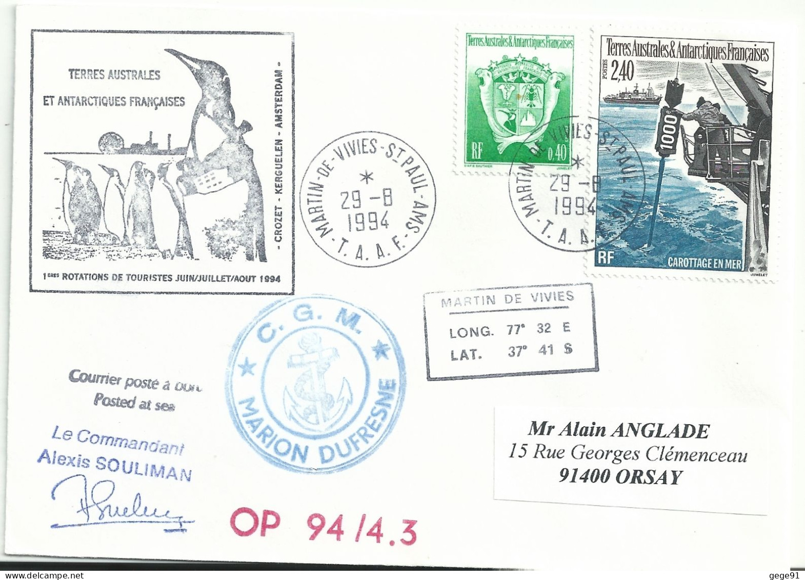 YT 187 Carottage En Mer - Posté à Bord Du MD - Rotation De Touristes - Martin De Viviès - St Paul Amsterdam - 29/08/1994 - Covers & Documents