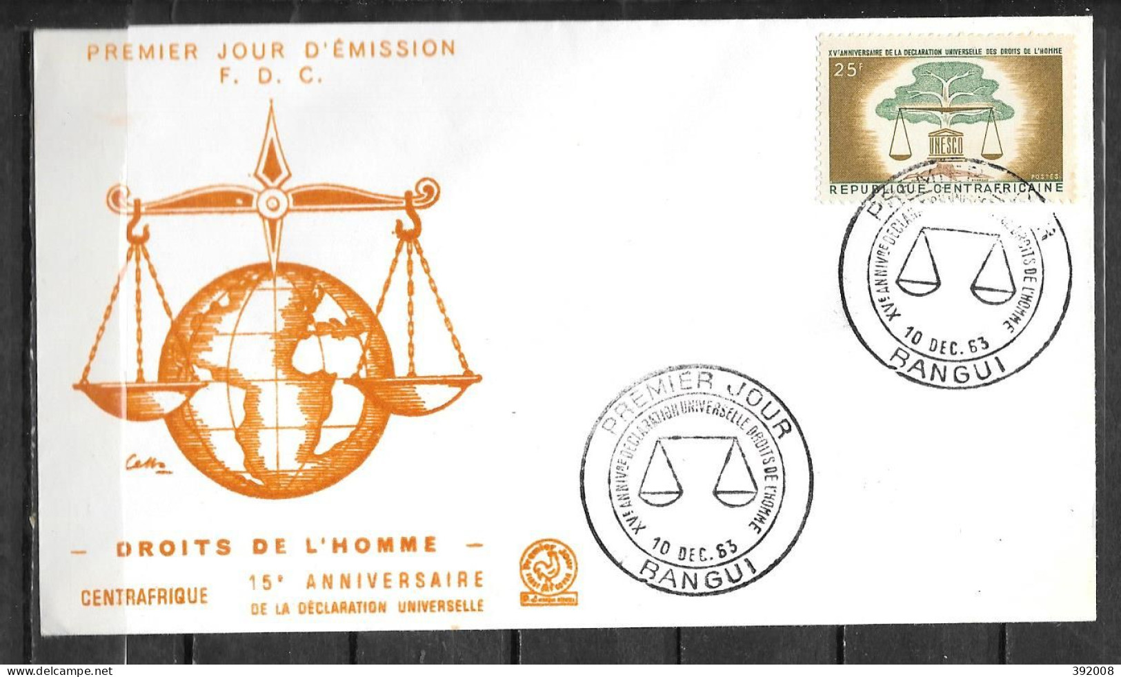 FDC - 1963 - 15 Ans Déclaration Universelle Des Droits De L'homme - 2 - Centrafricaine (République)