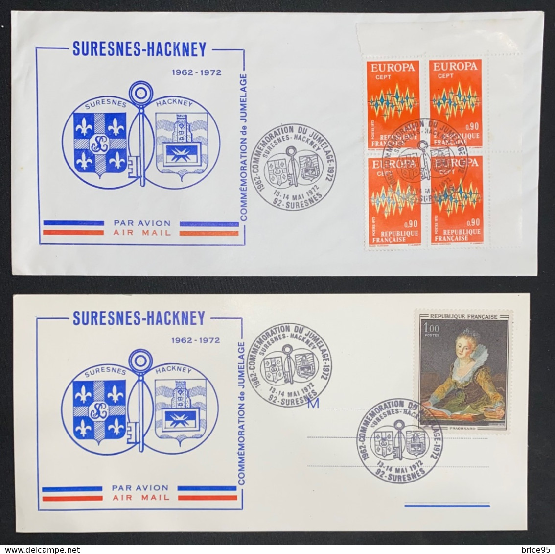 France - Lot De 2 Enveloppes - Commémoration Du Jumelage - Suresnes Hackney - 1972 - Cachets Commémoratifs