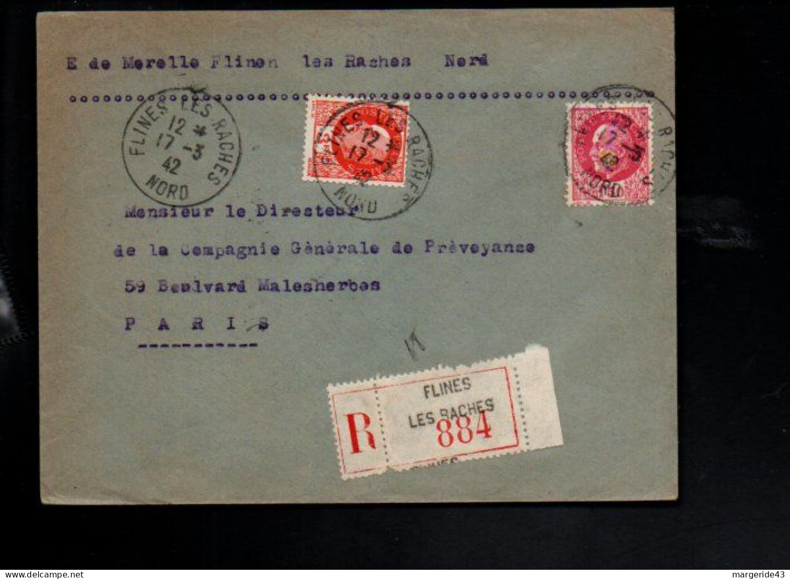 PETAIN SUR LETTRE RECOMMANDEE DE FLINES LES BACHES NORD 1942 - 1921-1960: Période Moderne