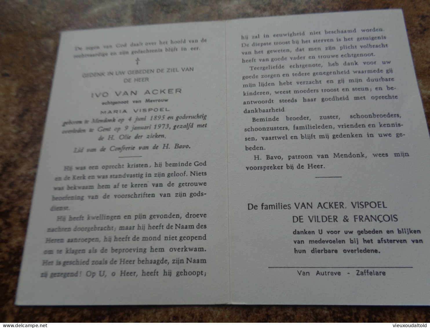 Doodsprentje/Bidprentje   IVO VAN ACKER   Mendonk 1895-1973 Gent (Echtg Maria VISPOEL) - Godsdienst & Esoterisme